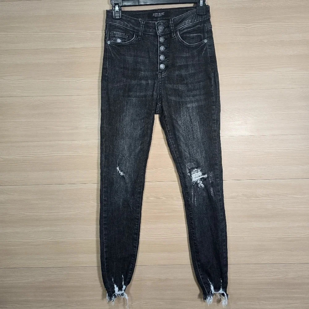Judy Blue Jeans 1/25 Black Distressed Skinny Button Fly Stretch Denim JB-84169‎